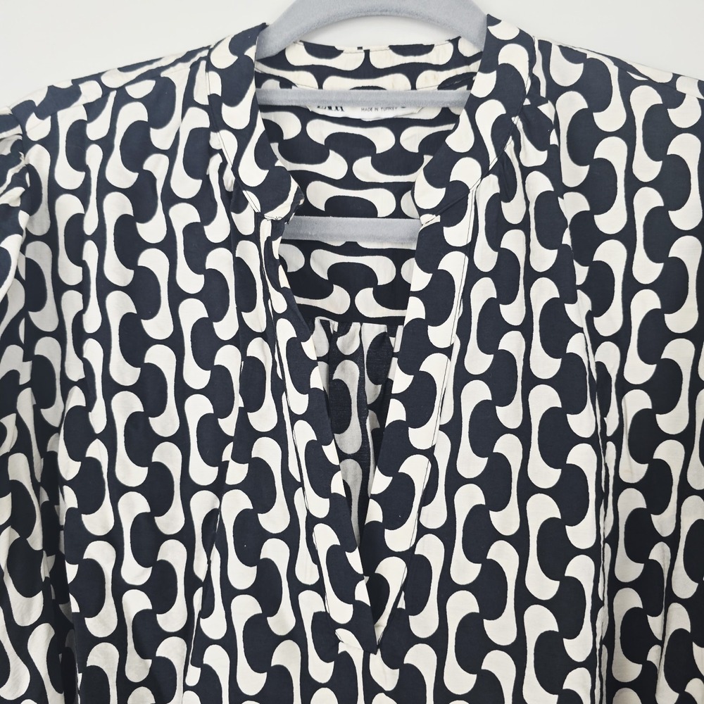 ZARA The Paula Dress Black / Ivory Geometric‎ Print Sz Medium Long Sleeves.D111 - Picture 2 of 14